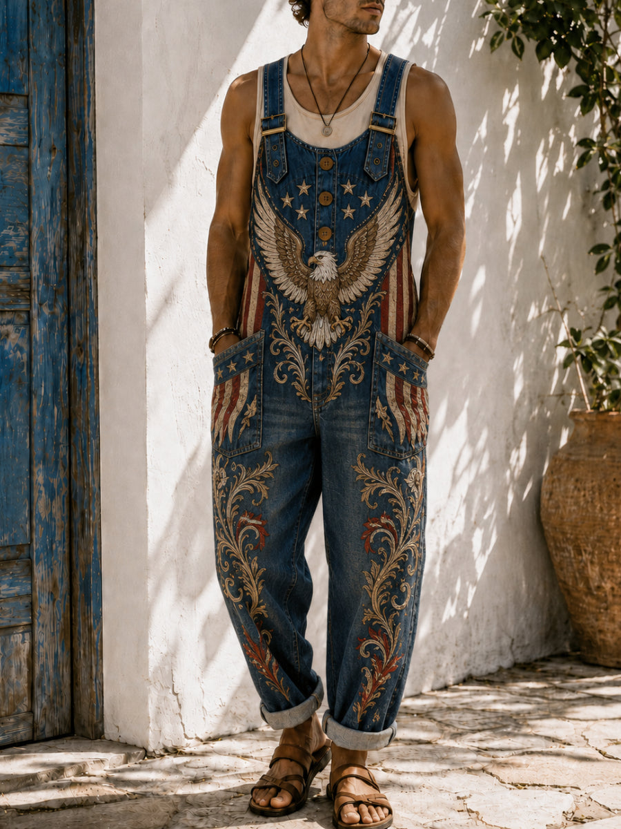 Men's Retro Art Print Casual Sleeveless Denim Patchwork Jumpsuit
